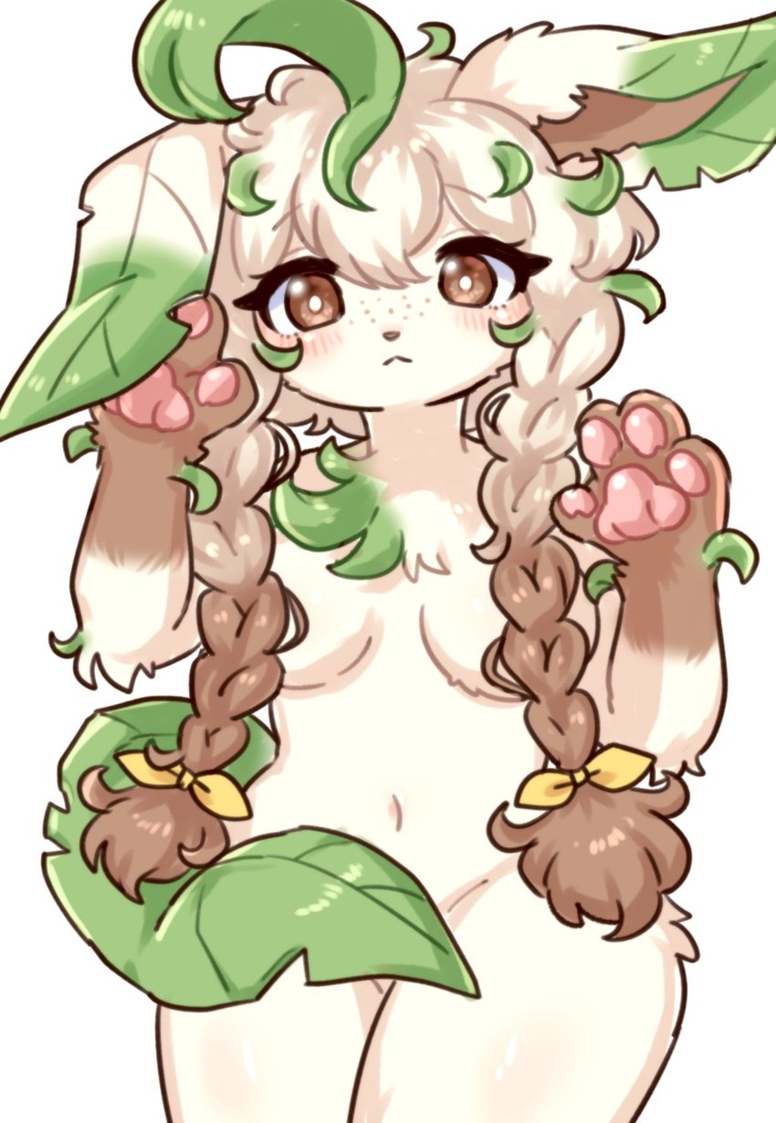 4_fingers accessory anthro anthrofied blush blush_lines braided_hair braided_pigtails breasts brown_body brown_fur brown_hair chest_tuft convenient_censorship dipstick_ears ear_markings female female_anthro fingers freckles fur gloves_(marking) green_body green_fur hair hair_accessory hair_covering_breasts kemono leaf long_hair looking_at_viewer markings multicolored_body multicolored_ears multicolored_fur multicolored_hair navel nude pawpads paws pigtails pokemorph simple_background small_breasts solo tail tail_censorship tan_body tan_fur tan_hair tuft white_background koto0v0haru nintendo pokemon eeveelution generation_4_pokemon leafeon pokemon_(species) 2024 digital_media_(artwork) hi_res portrait three-quarter_portrait