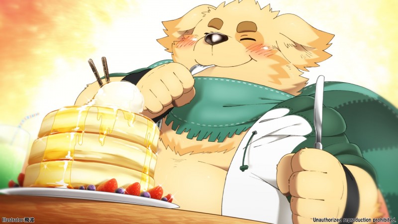 blush clothed clothing eating food jacket male pancake scarf slightly_chubby solo topless topwear hinami lifewonders tokyo_afterschool_summoners cu_sith_(tas) canid canine canis domestic_dog mammal 16:9 2017 hi_res widescreen