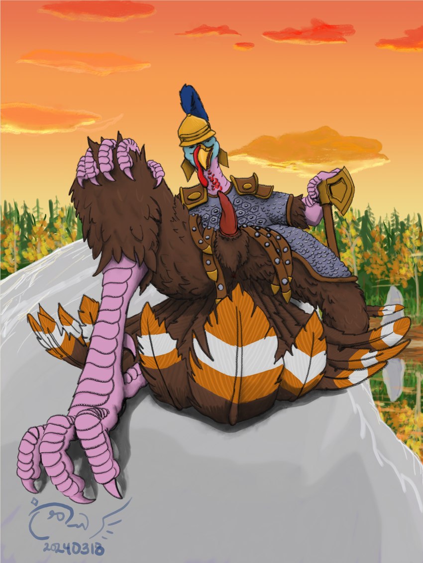 armor autumn axe beak brown_body brown_feathers cloud erection feathers feet forest genitals hand_on_knee hand_on_leg hand_on_weapon headgear helmet male outside pauldron penis pink_body pink_scales plant raised_hackles reclining reflection rock scales scutes snood solo sunset tail tail_feathers talons toes tree tzair_(artist) konarak_(tzair) avian bird galliform phasianid turkey 2024 3:4 digital_media_(artwork) hi_res signature