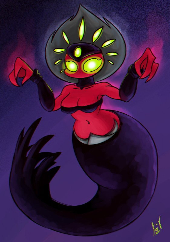 3_fingers breasts cleavage clothed clothing eyelashes female fingers green_eyes midriff multi_eye navel solo wide_hips yellow_eyes auretheaudio flatwoods_monster hi_res