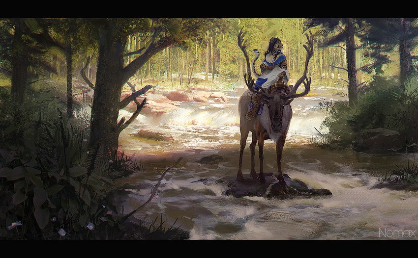 anthro black_hair breasts bridle clothed clothing day detailed_background duo female feral forest grass hair long_hair male mount outside plant reins rider riding saddle tree nomax deer felid leopard mammal moose new_world_deer pantherine 2022 digital_media_(artwork) letterbox