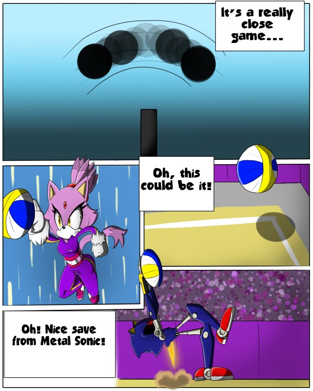 anthro ball breasts clothed clothing dialogue duo female gloves handwear male midriff navel red_eyes simple_background sport text volleyball volleyball_(ball) volleyball_court yellow_eyes sandunky sega sonic_the_hedgehog_(series) blaze_the_cat metal_sonic domestic_cat eulipotyphlan felid feline felis hedgehog mammal 4:5 absurd_res comic english_text hi_res