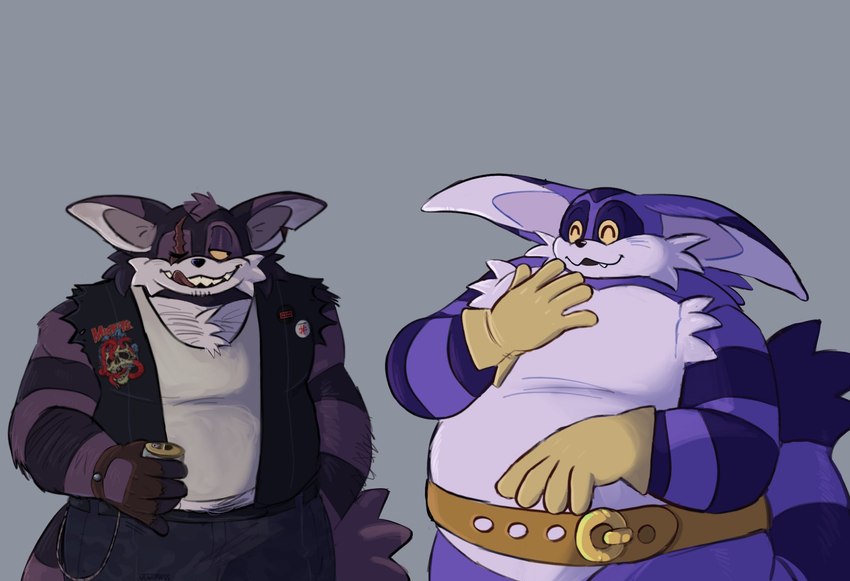 anthro belly belt clothing duo fur gloves handwear licking licking_lips male one_eye_closed overweight purple_body purple_fur scar striped_body striped_fur stripes tongue tongue_out topwear vest wink newtmoss sega sonic_the_hedgehog_(series) big_the_cat smalls_the_cat domestic_cat felid feline felis mammal hi_res