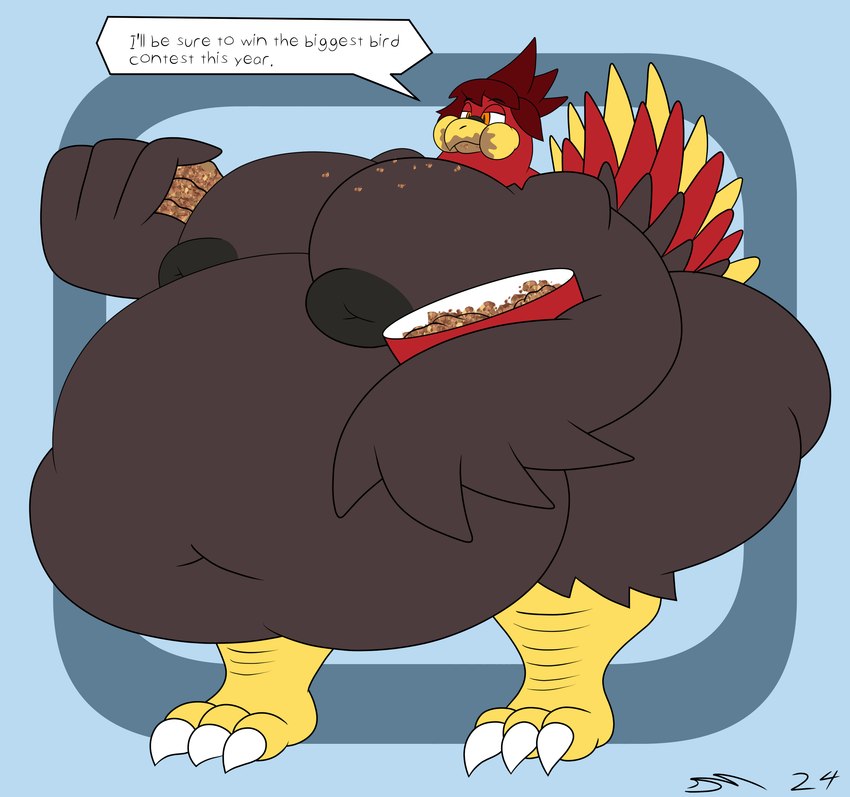 anthro brown_body female hair obese obese_anthro obese_female overweight overweight_anthro overweight_female red_hair solo stuffing stuffing_(food) weight_gain dirtymac avian bird galliform phasianid turkey absurd_res hi_res