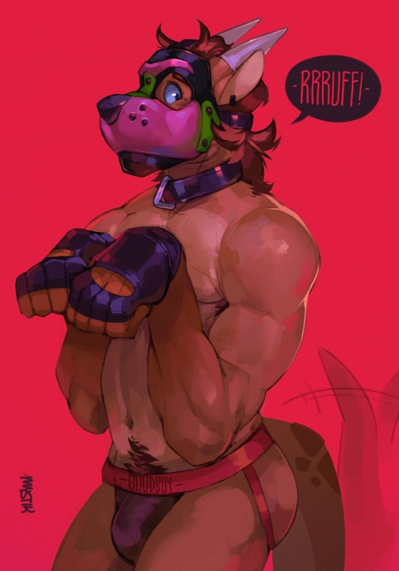 animal_mask animal_noises anthro barking bdsm begging biped clothing collar hair jockstrap kneeling latex male mask muscular muscular_anthro muscular_male navel petplay pink_pup_mask pup_mask puppyplay roleplay simple_background solo tail three-quarter_view underwear mystikfox61 mythology dragon mythological_creature mythological_scalie scalie hi_res