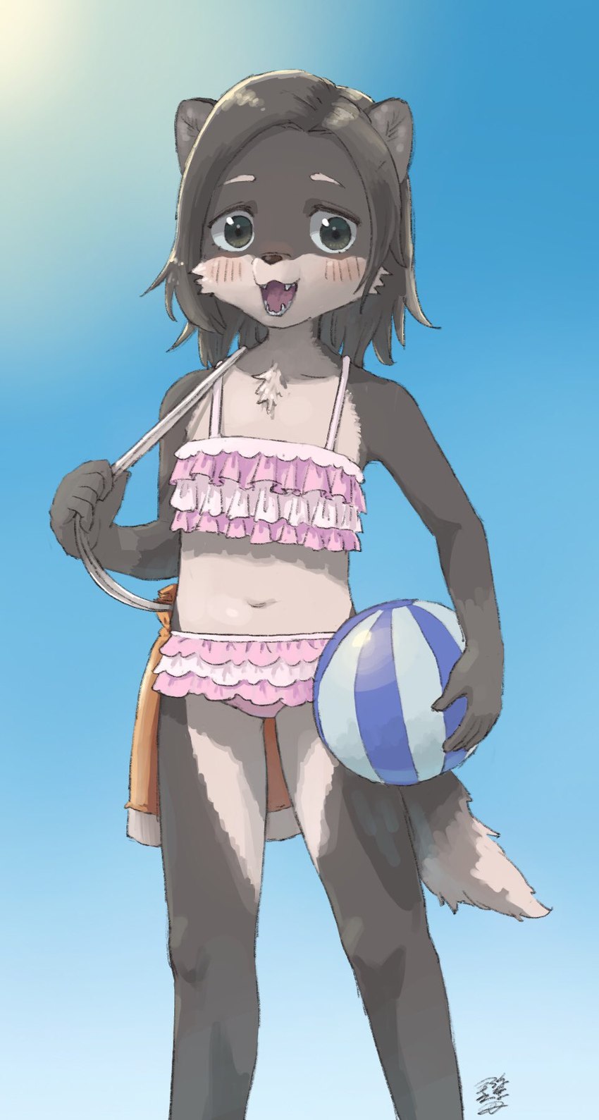 5_fingers aged_down anthro ball beach_ball bikini bikini_skirt biped blush blush_lines chest_tuft clothed clothing cute_fangs female fingers flat_chested fluffy fluffy_tail front_view fur grey_body grey_fur grey_hair hair inflatable kemono looking_at_viewer midriff navel open_mouth open_smile outside pink_bikini pink_clothing pink_swimwear short_hair smile solo standing swimwear tail tuft two-piece_swimsuit white_body white_fur young young_anthro yanamosuda tsukareta-inu_no_anime oogami-san_(tsukareta_inu) canid canine canis mammal wolf 2024 hi_res portrait signature three-quarter_portrait