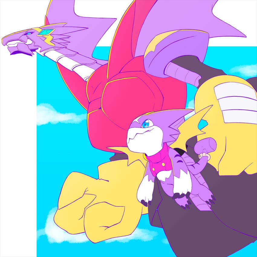 ambiguous_gender anthro blue_eyes claws clothing duo evolutionary_family finger_claws gloves handwear purple_body purple_skin simple_background sky tail toe_claws wings pg_enaena bandai_namco digimon mythology arresterdramon digimon_(species) dragon gumdramon mythological_creature mythological_scalie scalie 1:1 2019 digital_media_(artwork)