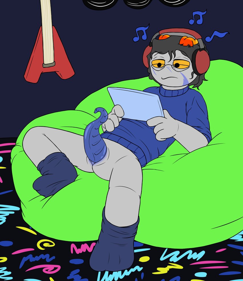 arcade_carpet bottomless clothed clothing genitals listening_to_music male penis penis_tentacles prehensile_penis solo tentacles mikey6193 homestuck ms_paint_adventures alien humanoid troll_(homestuck) hi_res