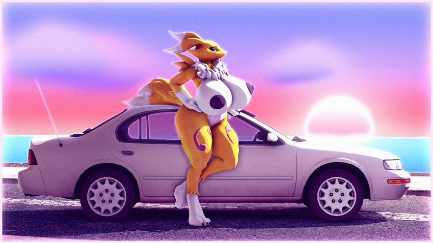 anthro areola barefoot big_breasts blue_eyes breasts car casual_exposure casual_nudity cloud concrete feet female fluffy fluffy_tail hand_on_hip huge_breasts neck_tuft nipples nude paintover pavement road sea solo sunset tail thick_thighs tuft vehicle water not_person420 warfaremachine_(modeler) bandai_namco digimon nissan nissan_maxima warfare_renamon canid digimon_(species) mammal renamon 16:9 3d_(artwork) digital_media_(artwork) hi_res widescreen