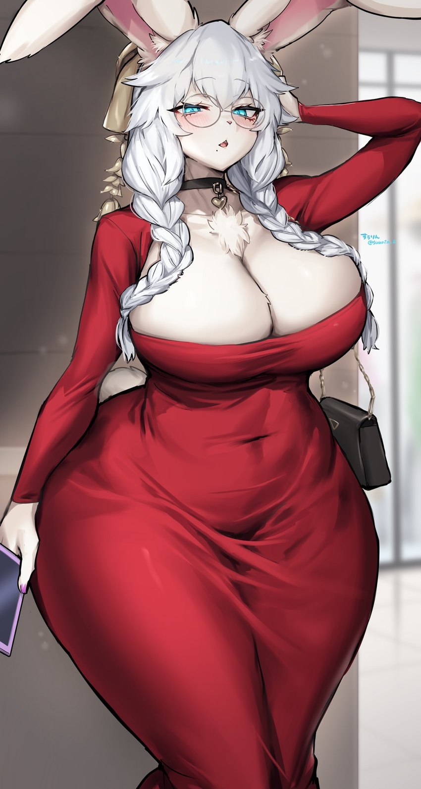 anthro big_breasts blue_eyes braided_hair breasts chest_tuft choker cleavage clothed clothing dress eyewear female front_view fully_clothed fur glasses hair huge_breasts jewelry long_ears necklace purse red_clothing red_dress round_glasses solo tuft white_body white_fur white_hair wide_hips suurin_2 lagomorph leporid mammal rabbit hi_res