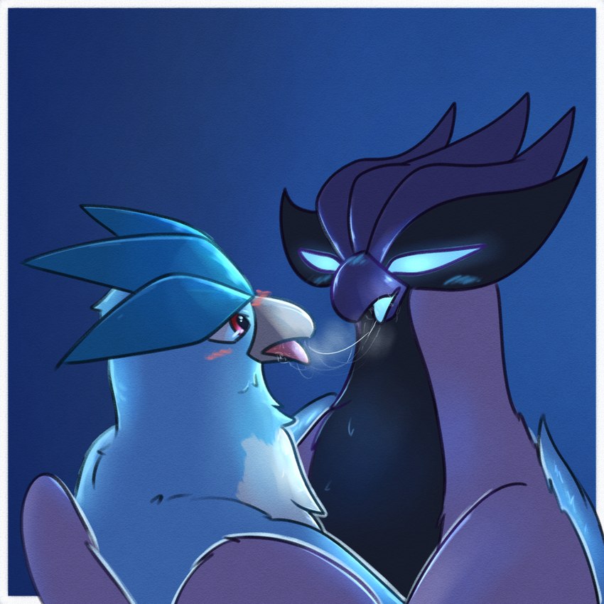 after_kiss ambiguous_gender beak bodily_fluids duo feathers feral glowing glowing_eyes hug kissing looking_at_another multicolored_body multicolored_feathers saliva saliva_string fridaylugia nintendo pokemon articuno avian bird galarian_articuno galarian_form generation_1_pokemon generation_8_pokemon legendary_pokemon pokemon_(species) regional_form_(pokemon) 1:1 hi_res