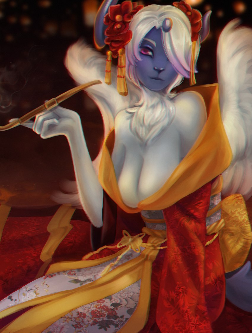 big_breasts breasts clothing female geisha pipe smoking unknown_artist nintendo pokemon generation_6_pokemon mega_absol mega_evolution pokemon_(species) absurd_res hi_res