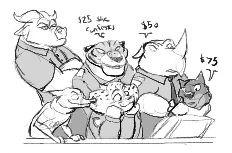 anthro clothing dialogue fur group hand_on_head horn male necktie police police_uniform shirt simple_background t-shirt text topwear uniform dravening disney zootopia benjamin_clawhauser chief_bogo officer_fangmeyer officer_mchorn officer_wolfard bovid bovine canid canine canis cape_buffalo cheetah felid feline mammal pantherine tiger wolf 2016 comic english_text greyscale monochrome sketch