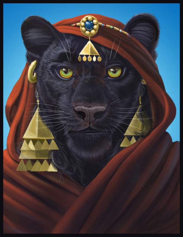 anthro black_body black_fur brooch desert female fur green_eyes jewelry melanistic queen royalty solo hibbary aba felid leopard mammal pantherine absurd_res hi_res