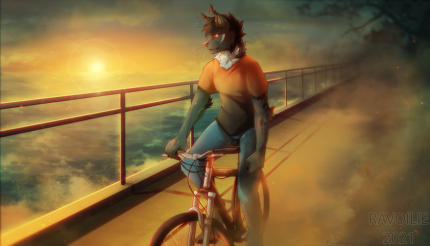 anthro arm_tuft bicycle black_body black_fur black_hair blue_bottomwear blue_clothing blue_jeans blue_pants bottomwear chest_tuft clothed clothing cycling day denim denim_bottomwear denim_clothing detailed_background dusk elbow_tuft fur hair jeans male markings neck_tuft orange_clothing orange_eyes orange_shirt orange_topwear outside pants pink_nose sea seaside shirt short_hair sky solo spots spotted_body spotted_fur sun topwear tuft vehicle water whiskers white_body white_fur ravoilie krymson felid feline lynx mammal 2021 digital_media_(artwork) hi_res