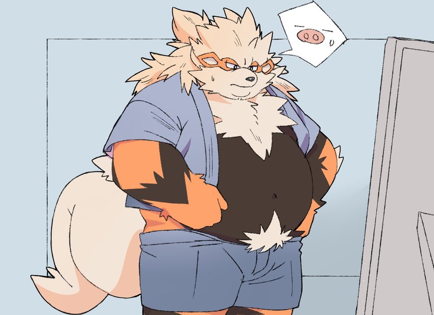 anthro anthrofied belly big_belly black_body bottomwear clothing kemono male orange_body overweight overweight_male shirt shorts solo topwear inunoshippo nintendo pokemon arcanine generation_1_pokemon pokemon_(species) 2024