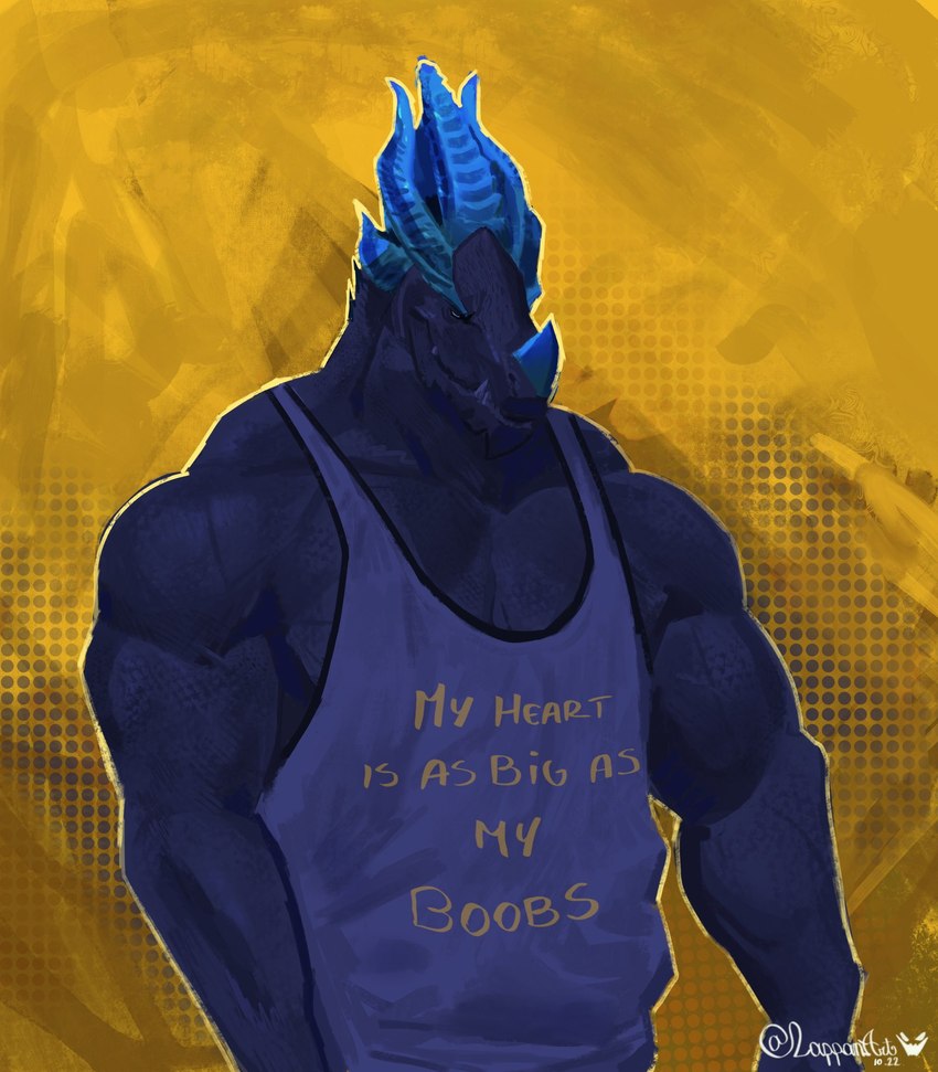 abstract_background anthro barazoku biceps clothed clothing dark_body dark_scales deltoids exposed_teeth horn male muscular muscular_anthro muscular_male pecs scales shirt simple_background smile solo standing tank_top text topwear yellow_background lappan mythology dragon mythological_creature mythological_scalie scalie 2022 digital_media_(artwork) digital_painting_(artwork) english_text half-length_portrait hi_res painting_(artwork) portrait signature