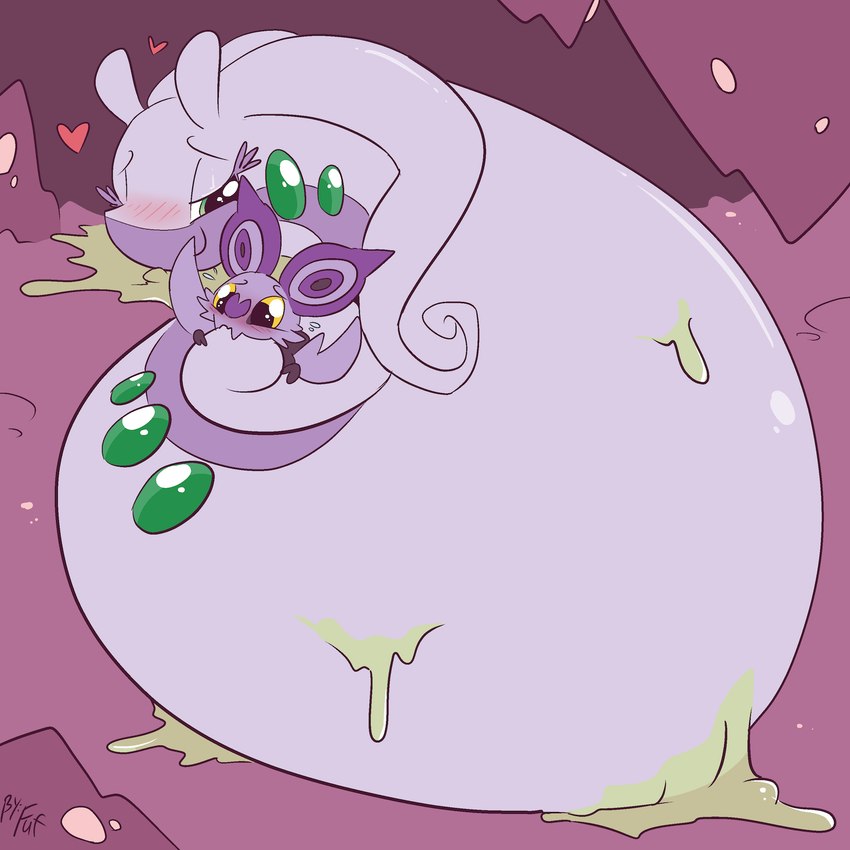 anthro blush blush_lines cave closed_smile cuddling curled_up duo eyebrows female feral grey_body heart_symbol inside larger_female looking_at_another lying_on_ground male mouth_closed on_ground size_difference slime smaller_male smile fuf nintendo pokemon generation_6_pokemon goodra noibat pokemon_(species) 2019 hi_res