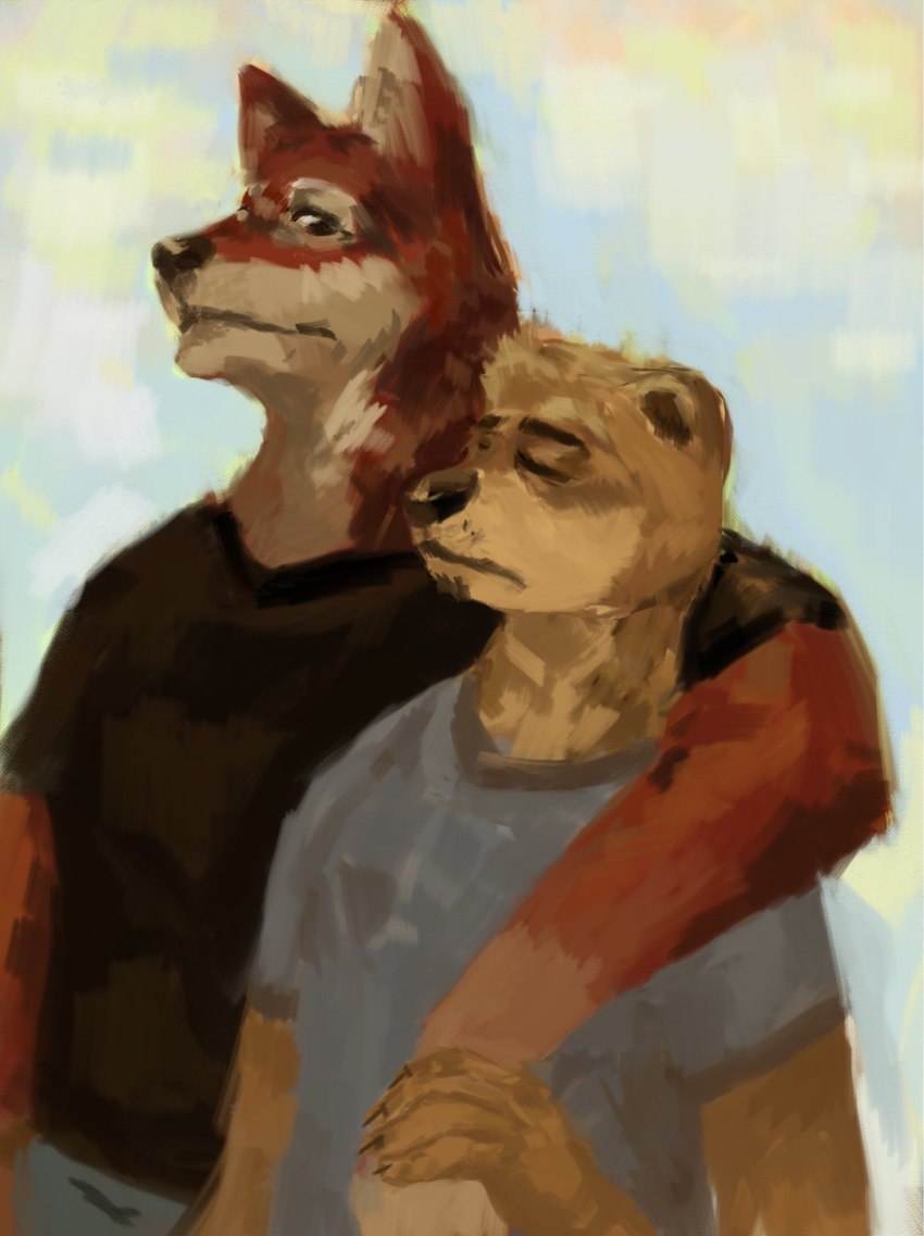 anthro arm_around_shoulder black_nose clothing duo eyes_closed facial_hair goatee holding_wrist looking_at_another male male/male shirt standing t-shirt topwear cherry_infinite echo_(game) echo_(series) echo_project chase_hunter leo_alvarez canid canine canis mammal mustelid otter red_wolf wolf 2018 alternate_version_at_source hi_res