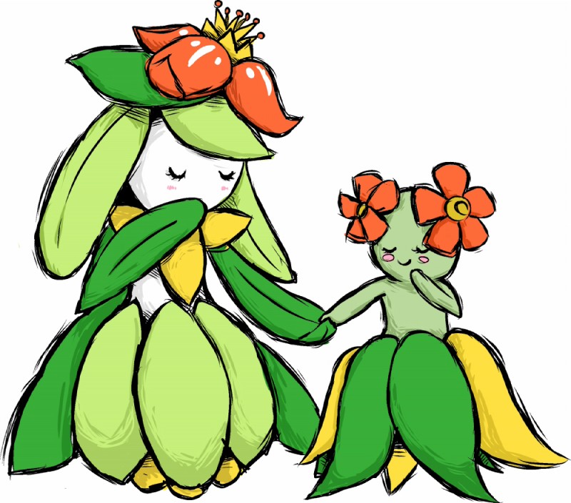 blush duo eyes_closed female flower hand_holding head_flower plant pseudo_bottomwear pseudo_clothing pseudo_skirt simple_background white_background unknown_artist nintendo pokemon bellossom elemental_creature flora_fauna generation_2_pokemon generation_5_pokemon humanoid lilligant pokemon_(species)