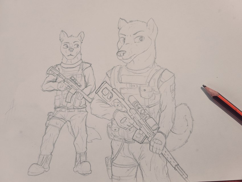 anthro assault_rifle clothing duo gun holding_object holding_weapon looking_at_another male military military_uniform ranged_weapon rifle simple_background sniper_rifle soldier svd uniform warrior weapon wolfyalex96 canid canine mammal 4:3 absurd_res graphite_(artwork) hi_res traditional_media_(artwork)