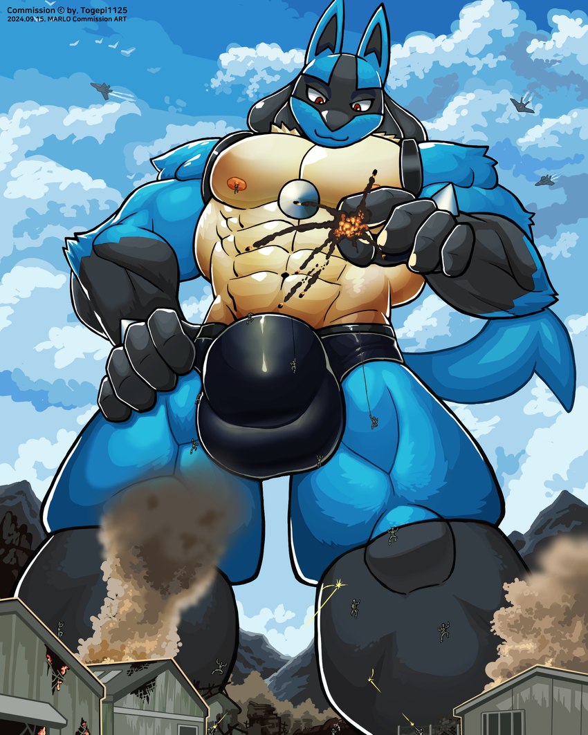 aircraft airplane anthro big_bulge blue_body blue_fur bulge clothed clothing destruction detailed_bulge explosion fur jet looming low-angle_view macro male military military_base muscular muscular_male nipples red_eyes smoke soldier solo speedo spines swimwear vehicle warrior worship wolfmalro nintendo pokemon canid canine generation_4_pokemon lucario mammal pokemon_(species) 4:5 absurd_res hi_res