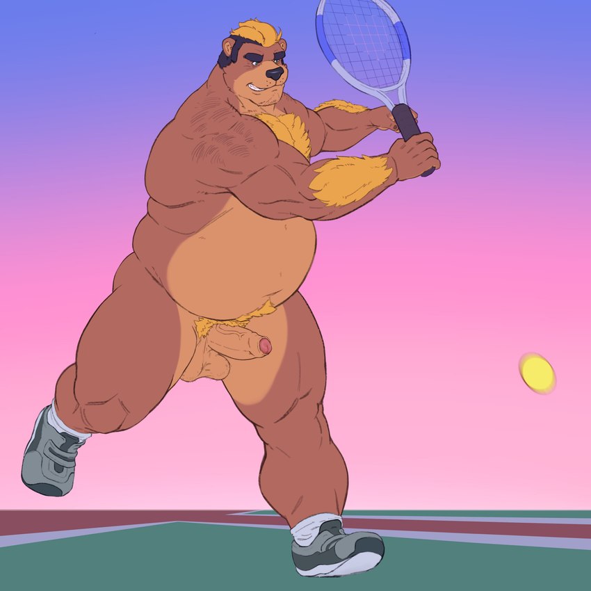 anthro ball balls belly brown_body brown_fur fur genitals humanoid_genitalia humanoid_hands humanoid_penis male navel overweight overweight_anthro overweight_male penis pubes shoulder_hair solo tennis_ball tennis_racket hyaxiong extracurricular_activities harold_grifter bear mammal 1:1 2021 absurd_res hi_res