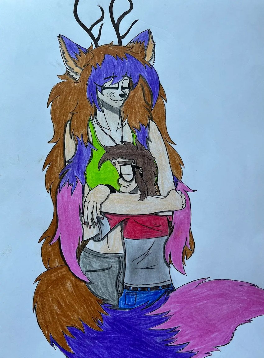 animal_ears anthro antlers between_breasts big_breasts bottomwear bracelet breasts canon_couple clothing colored_nails crop_top duo eyes_closed eyewear female fluffy fluffy_tail freckled_face freckles glasses hair head_on_breast horn hug inner_ear_fluff jewelry larger_female long_hair male male/female multicolored_clothing multicolored_shirt multicolored_topwear nails necklace ochre_hair pants pink_hair purple_hair romantic romantic_couple shirt simple_background size_difference smaller_male smile sweatpants tail tail_coil topwear tuft dylanaildon_no_2 tirisk_(dylanaildon_no_2) toby_(dylanaildon_no_2) forest_spirit human humanoid mammal hi_res traditional_media_(artwork) adult_(lore)