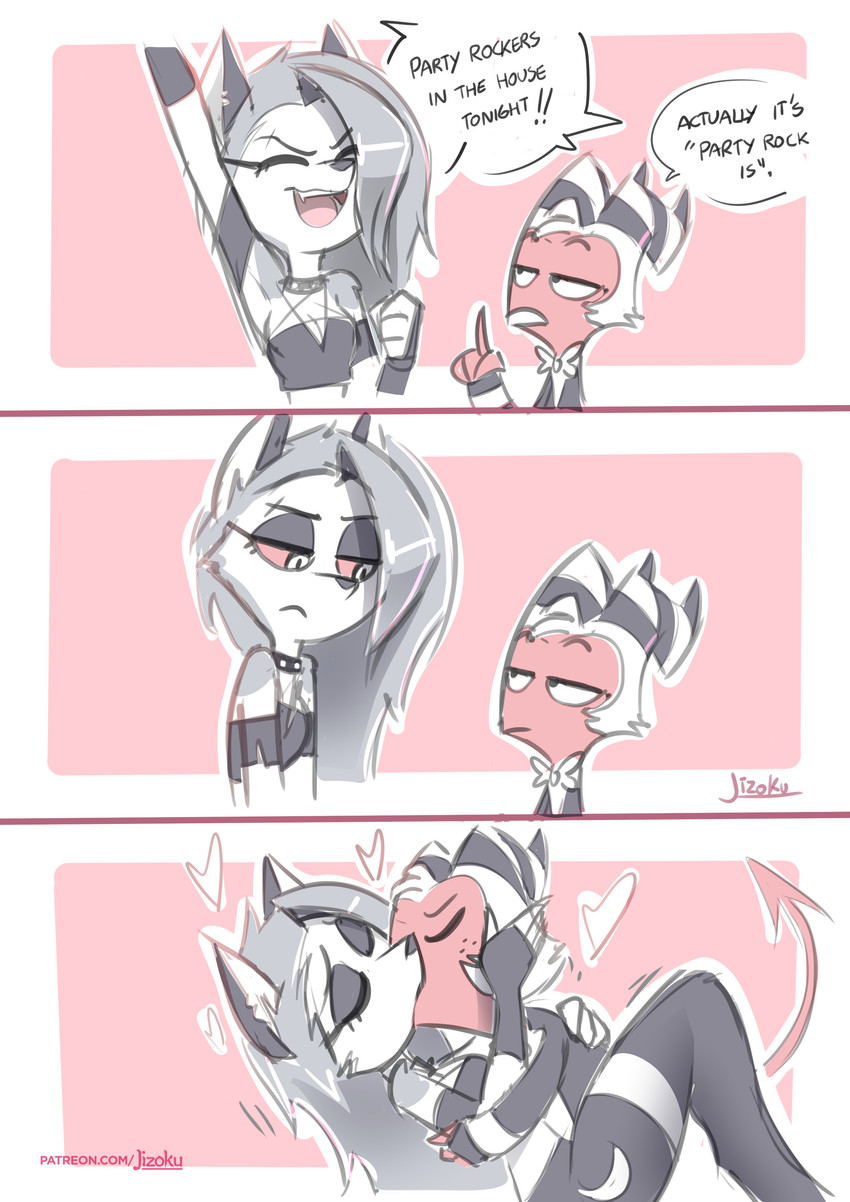 anthro bow_tie clothing dialogue duo female fur gloves handwear kiss_on_lips kissing legwear male male/female red_body speech_bubble stockings text white_body white_fur jizoku hellaverse helluva_boss mythology party_rockers loona_(helluva_boss) moxxie_(helluva_boss) canid canid_demon canine demon hellhound imp mammal mythological_canine mythological_creature 2022 absurd_res comic english_text hi_res meme redraw