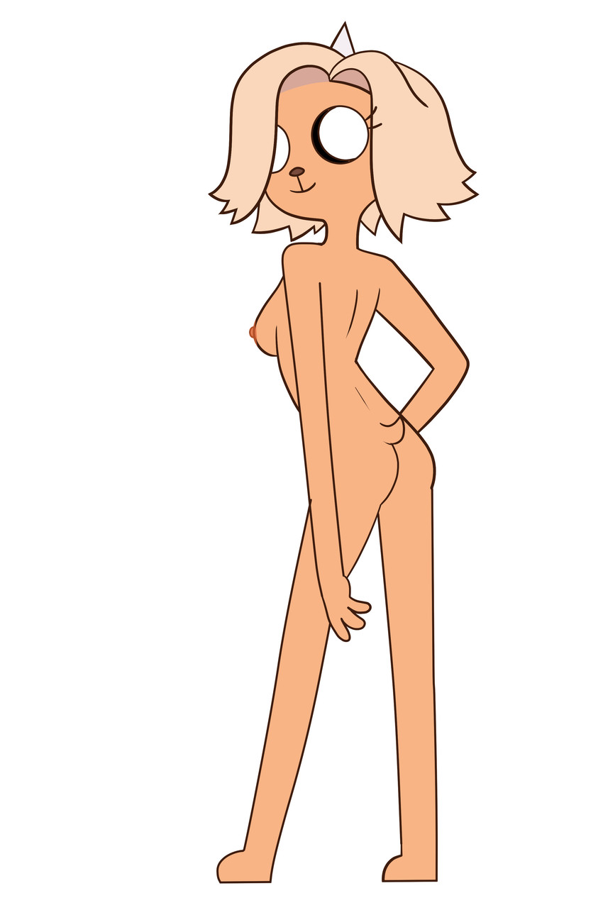 anthro blonde_hair breasts butt female fur hair hand_on_hip horn looking_at_viewer looking_back nipples nude posed rear_view side_boob simple_background small_tail smile smiling_at_viewer solo standing tail tan_body tan_fur white_background dr._pizza_boi adventure_time cartoon_network bronwyn_(adventure_time) bear canid canine canis domestic_dog hybrid mammal rainicorn 2020 absurd_res hi_res