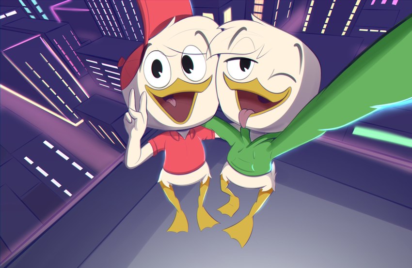 city clothing duo gesture hand_gesture male one_eye_closed pose rooftop selfie sweater tongue tongue_out topwear v_sign wink limettin disney ducktales ducktales_(2017) huey_duck louie_duck anatid anseriform avian bird duck absurd_res hi_res brother_(lore) sibling_(lore)