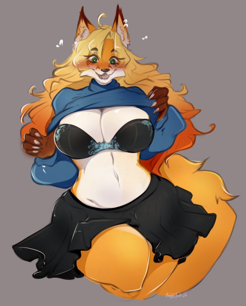 anthro big_breasts blush bottomwear breasts clothed clothing clothing_lift ear_piercing female mature_female piercing remillia_pherotas shirt shirt_lift skirt solo sweater thick_thighs topwear turtleneck bunnywhiskerz canid canine fox mammal hi_res source_request