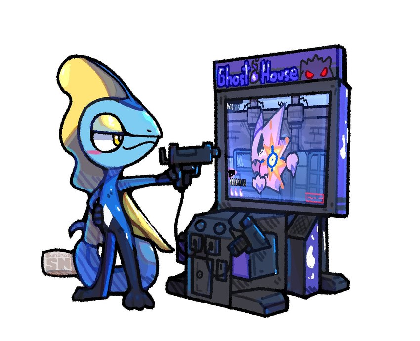 3_toes ambiguous_gender anthro arcade_machine blue_body duo feet gun half-closed_eyes hand_on_hip happy holding_gun holding_object holding_ranged_weapon holding_weapon looking_at_screen narrowed_eyes open_mouth purple_body ranged_weapon simple_background smug tail toes weapon white_background white_body yellow_body yellow_eyes sunsnak nintendo pokemon generation_1_pokemon generation_8_pokemon ghost haunter inteleon pokemon_(species) spirit 2024 hi_res