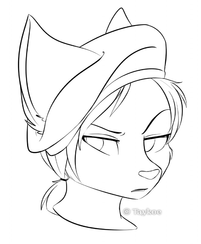 anthro beret big_ears clothing female fur hair hat headgear headwear looking_at_viewer ponytail solo taykoe rasine_ha'kim felid mammal tajaran 2016 digital_media_(artwork) hi_res line_art monochrome