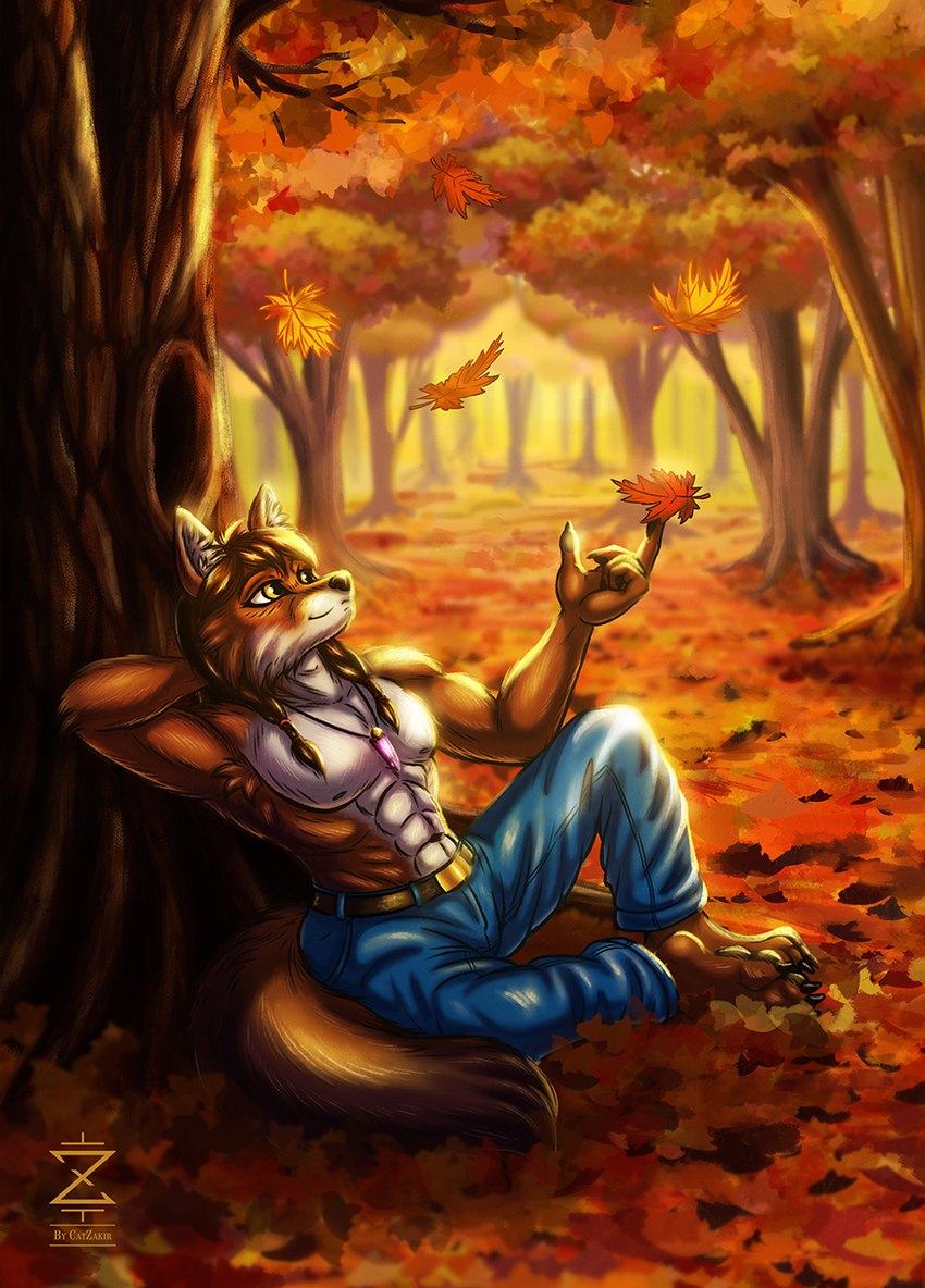 anthro autumn autumn_leaves bottomwear butt clothed clothing denim denim_bottomwear denim_clothing forest fur jeans leaf light light_beam male pants plant red_body red_fur sun topless tree catzakir red_wolf_(character) canid canine canis mammal wolf hi_res