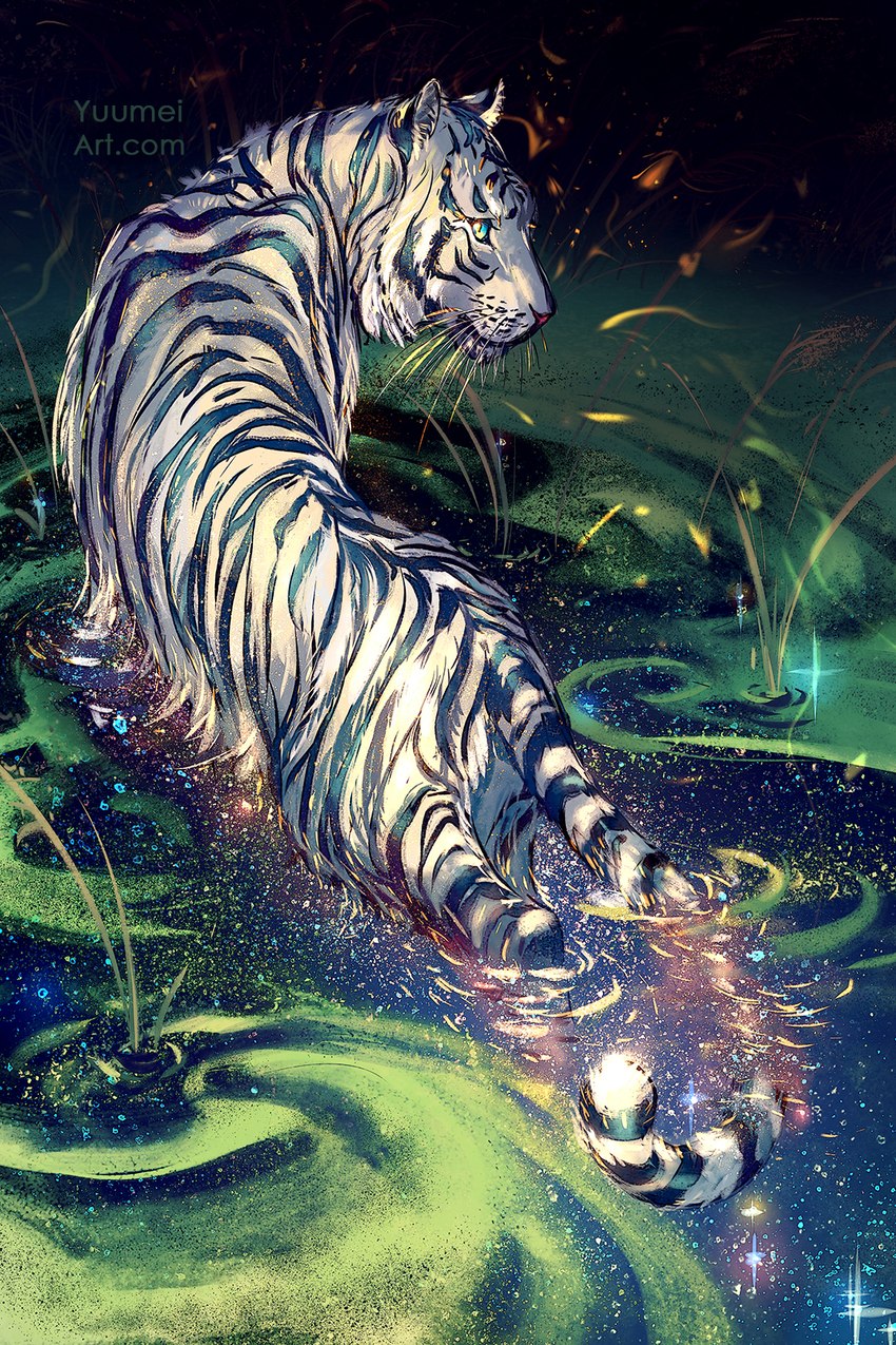 ambiguous_gender feral fur leucistic partially_submerged solo striped_body striped_fur stripes tail whiskers white_body white_fur yuumei felid mammal pantherine tiger 2:3 hi_res