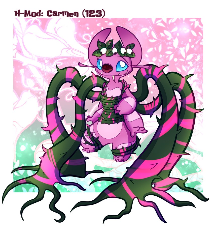 4_arms 4_fingers alternate_form anthro arm_markings biped blue_eyes female fingers leaf leaf_crown leg_markings markings multi_arm multi_limb pink_body plant pupils red_nose smile solo text vine_tentacles vines white_pupils ryuko_rose disney lilo_and_stitch carmen_(lilo_and_stitch) alien experiment_(lilo_and_stitch) 2022 character_name digital_drawing_(artwork) digital_media_(artwork) hi_res