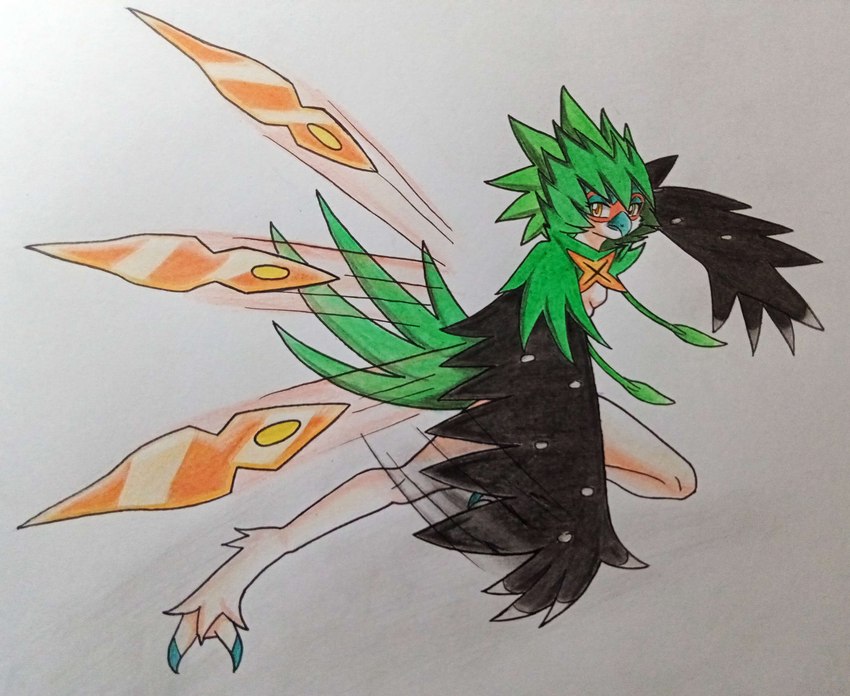 anthro black_wings feathers feet female green_body green_feathers looking_at_viewer solo talons throwing_knife toes wings ideltasarc333 nintendo pokemon vanith_(nyxcha) avian decidueye generation_7_pokemon pokemon_(species) absurd_res hi_res