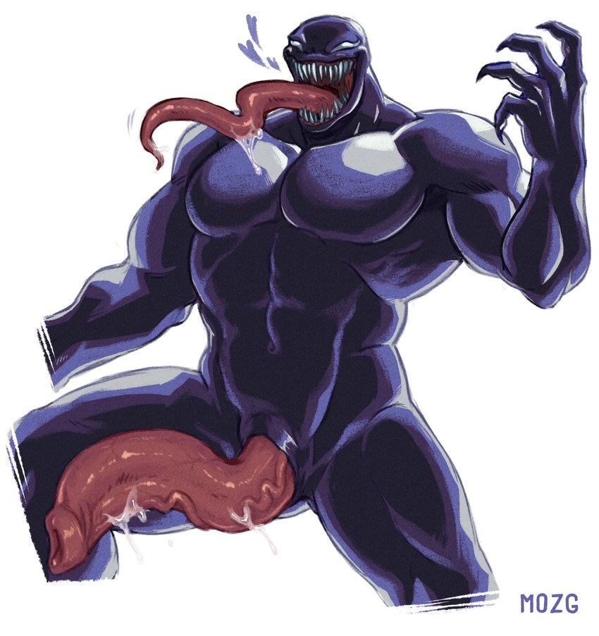 black_body bodily_fluids claws empty_eyes eyes_closed featureless_chest genital_fluids genitals heart_symbol long_penis long_tongue male muscular muscular_male navel not_furry nude open_mouth penis precum saliva sharp_teeth simple_background smile solo teeth text tongue tongue_out mozgart marvel venom_(marvel) alien alien_humanoid humanoid monster symbiote absurd_res better_version_at_paywall english_text hi_res