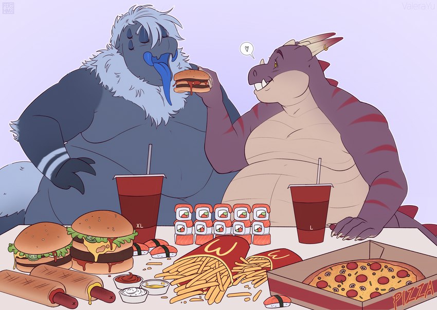 anthro black_body burger container dipping_sauce duo fangs feeding food fries furgonomics furniture furry-specific_piercing grey_hair hair horn horn_piercing hot_dog looking_at_another male male/male multi_eye neck_tuft obese obese_male open_mouth overweight overweight_male piercing pizza pizza_box red_body short_hair soda_cup stripes sushi table tail teeth tuft aucherr valerayu mcdonald's mythology jall sully_(suldaeroth) arthropod dragon hybrid insect kobold mythological_creature mythological_scalie scalie 2024 hi_res