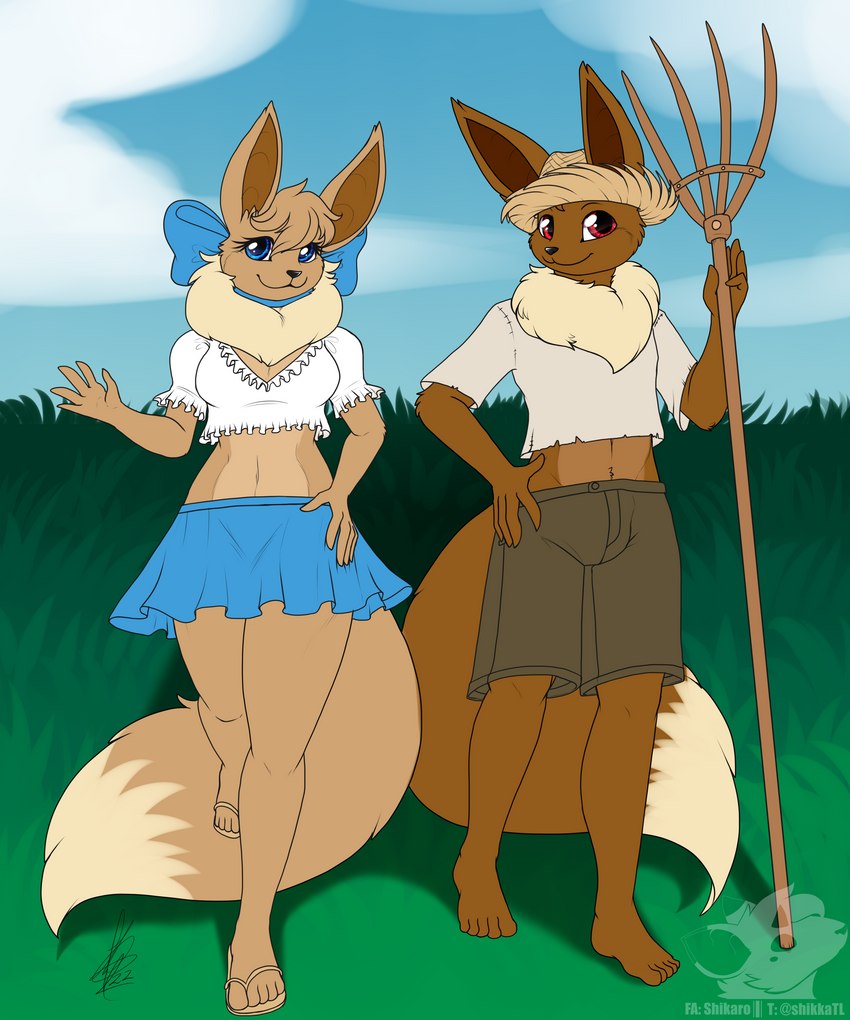 5_fingers 5_toes anthro barefoot belly black_nose blue_eyes bottomwear bow_ribbon breasts brown_body brown_fur clothed clothing cloud countershade_belly countershade_fur countershading crop_top duo feet female fingers footwear fur grass hand_on_hip hat headgear headwear inner_ear_fluff looking_at_viewer male medium_breasts midriff navel neck_tuft plant rake red_eyes sandals shirt shoes short skirt sky smile straw_hat tail tan_body tan_fur toes tools topwear tuft shikaro nintendo pokemon eevee generation_1_pokemon pokemon_(species) 2022 5:6 absurd_res hi_res