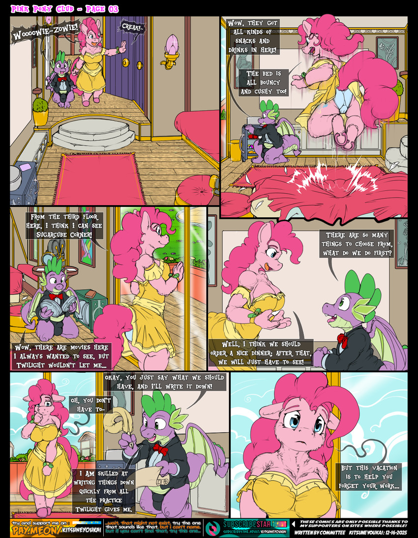 3_toes anthro anthrofied back_wings balls_outline barefoot bed bedroom biped black_clothing black_suit black_tie_(suit) blue_eyes bow_tie breasts building bulge butt camel_toe camera carpet clothed clothed_anthro clothed_female clothed_male clothing cloud cutie_mark day detailed_background detailed_bulge dialogue door dress duo ears_down eye_contact feet female floor fur furniture genital_outline grass green_eyes green_spikes hair happy hooves inside jumping jumping_on_bed kneeling lamp larger_female looking_at_another looking_down looking_down_at_another looking_up looking_up_at_another male midair multicolored_body multicolored_tail multicolored_wings open_mouth opening_door page_number panties panty_shot parchment pink_body pink_breasts pink_fur pink_hair pink_tail pink_tongue pivoted_ears plant plant_pot purple_body purple_nose purple_tail purple_wings red_bow_tie red_tongue sad scales size_difference sky smaller_male snout sound_effects speech_bubble spikes spikes_(anatomy) standing steps subscribestar_logo subscribestar_username suit tail tan_body tan_scales tan_tail tan_wings text title toes tongue two_tone_tail two_tone_wings underwear walking white_clothing window wings wood wood_door wood_floor worried yellow_clothing yellow_dress kitsune_youkai friendship_is_magic hasbro my_little_pony mythology subscribestar pinkie_pie_(mlp) spike_(mlp) dragon equid equine horse mammal mythological_creature mythological_scalie pony scalie 2025 comic dated digital_media_(artwork) english_text hi_res url