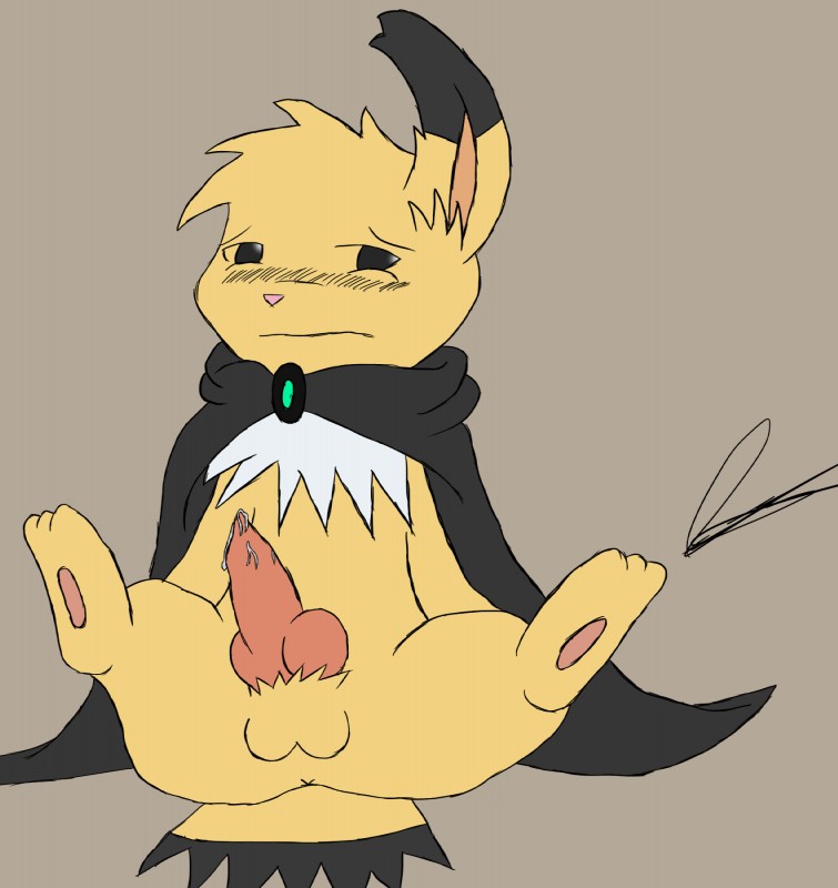 balls blush bodily_fluids cloak clothing erection feet genital_fluids genitals hindpaw knot male paws penis precum simple_background solo toes skyffan nintendo pokemon leon_ashford eeveelution generation_1_pokemon jolteon pokemon_(species) hi_res