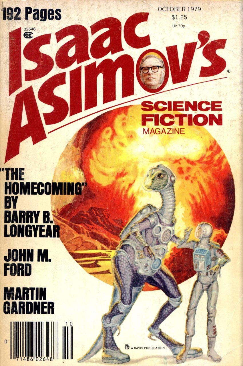 anthro claws cloud duo female magazine male mushroom_cloud spacesuit tail george_barr issac_asimov's_science_fiction_magazine dinosaur human mammal prehistoric_species reptile scalie 1979 20th_century ancient_art cover hi_res magazine_cover traditional_media_(artwork)