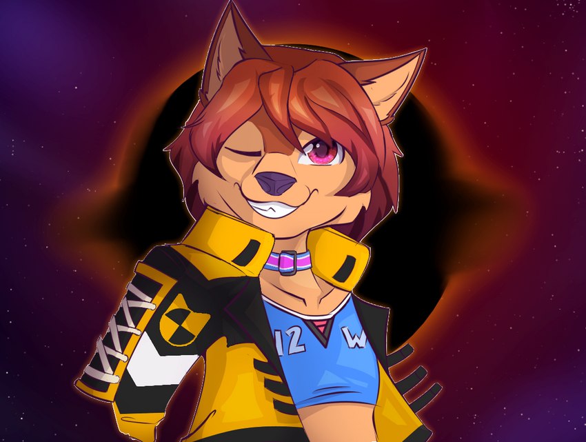 anthro black_hole clothed clothing collar female grin hair jacket open_clothing open_jacket open_topwear red_hair smile solo space topwear winnifred_jones oworcestershire canid canine canis mammal wolf half-length_portrait portrait