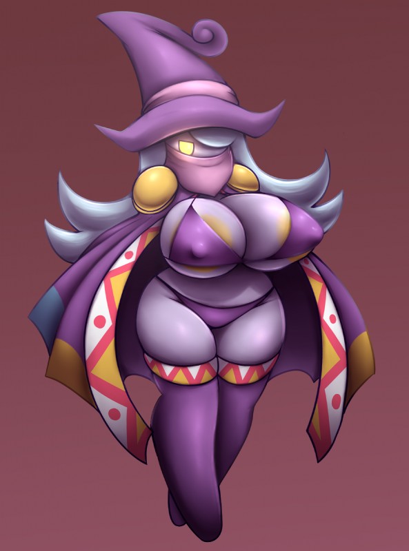 areola big_areola big_breasts bikini blue_hair breasts cloak clothing female hair hat headgear headwear huge_areola kerchief nipple_outline not_furry red_background short_stack simple_background solo swimwear two-piece_swimsuit witch_hat yellow_areola yellow_eyes elfdrago kirby:_canvas_curse kirby_(series) nintendo drawcia humanoid hi_res