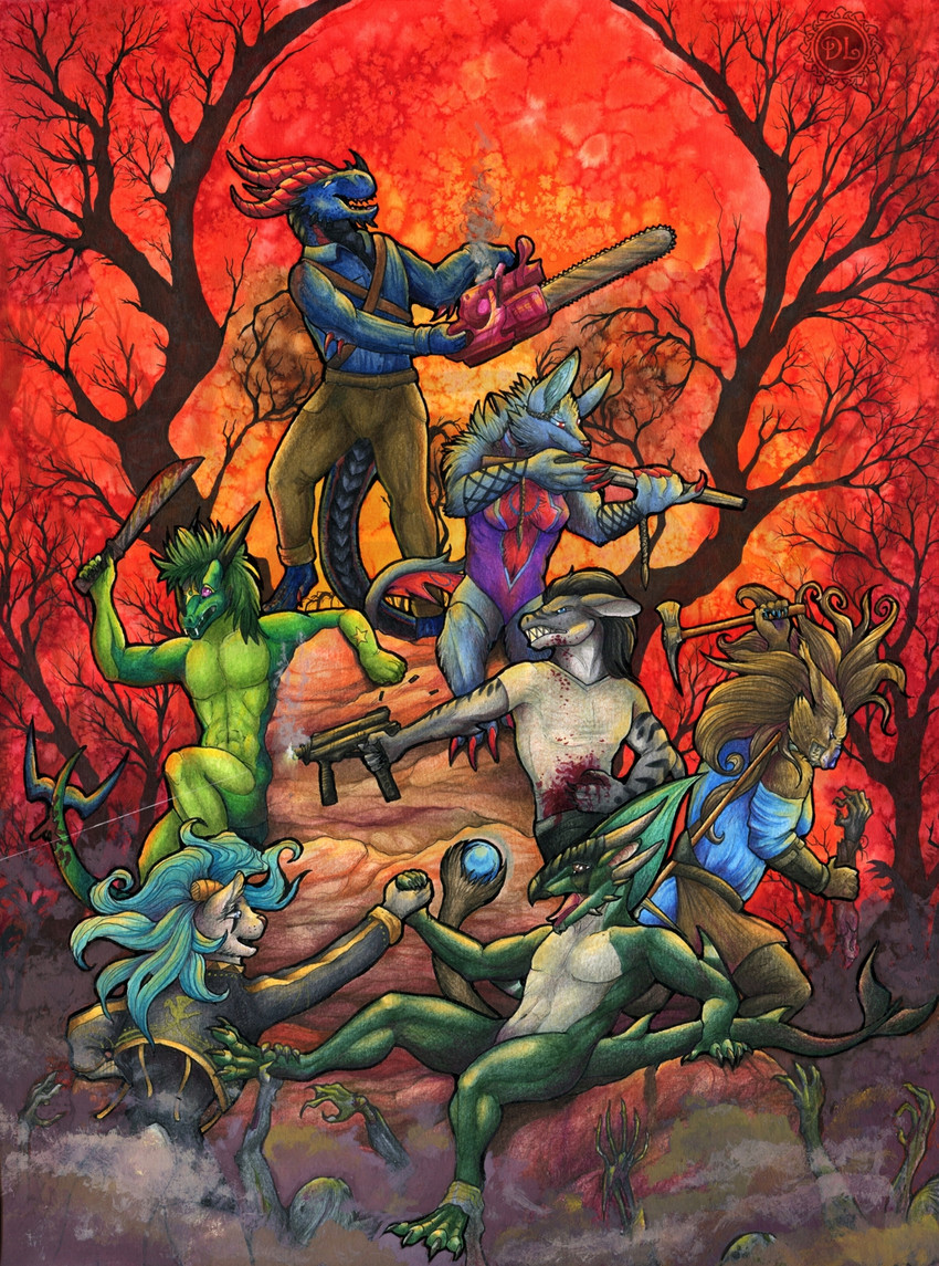 anthro bloodgroup blue_hair forest fur hair horn male plant tail tree natoli mythology dragon furred_dragon furred_scalie mythological_creature mythological_scalie scalie wingless_dragon 2020 hi_res traditional_media_(artwork)