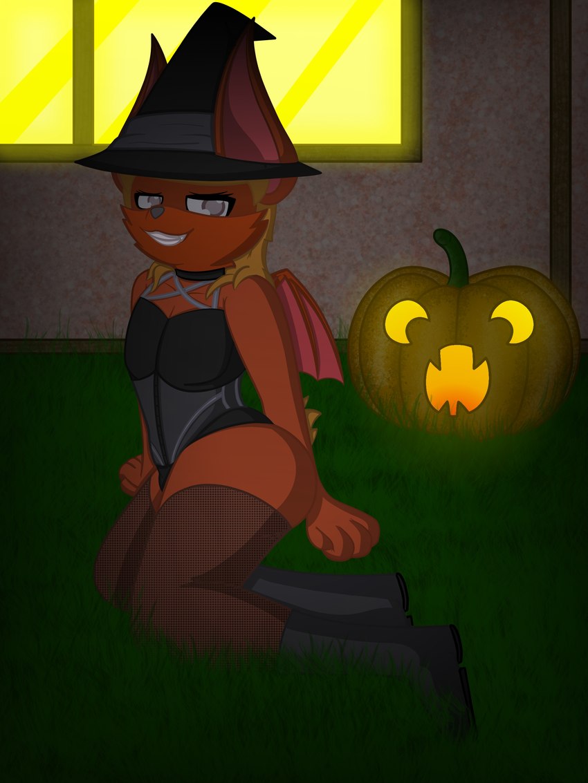 ambiguous_gender anthro bat_ears bat_wings bedroom_eyes boots choker clothing corset costume fangs femboy fishnet_clothing fishnet_legwear fishnet_thigh_highs flat_chested fluffy fluffy_tail food footwear fruit halloween_costume hat headgear headwear holidays jack-o'-lantern jewelry legwear leotard lingerie looking_at_viewer magic_user membrane_(anatomy) membranous_wings narrowed_eyes necklace night outside plant public pumpkin seductive shoes solo tail teeth thigh_highs tight_clothing topwear wings witch witch_costume witch_hat moopsart halloween moops_(moopsart) bat mammal 3:4 absurd_res hi_res