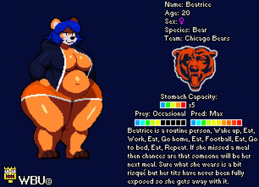 anthro belly big_belly big_breasts blue_hair bottomwear breasts clothed clothing covered_nipples curvy_figure exposed_breasts female hair jacket logo navel orange_body shorts simple_background smile solo sport text thick_thighs topwear voluptuous voluptuous_anthro wide_hips wbu chicago_bears nfl beatrice_(wbu) bear mammal character_name digital_media_(artwork) english_text model_sheet pixel_(artwork)