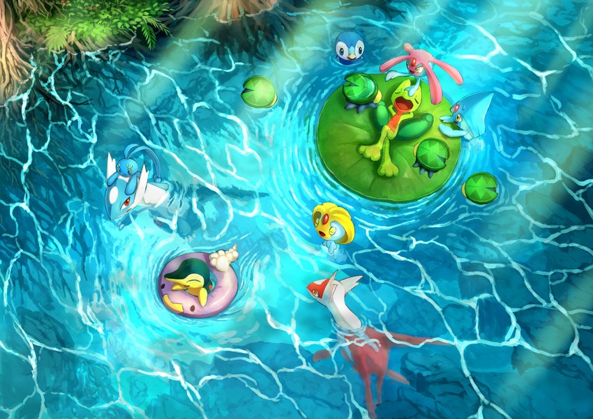 ambiguous_gender being_watched eyes_closed group leaf looking_at_another open_mouth open_smile partially_submerged sleeping smile water karamimame nintendo pokemon azelf cyndaquil generation_2_pokemon generation_3_pokemon generation_4_pokemon latias latios legendary_pokemon lotad manaphy mesprit piplup pokemon_(species) treecko 2019